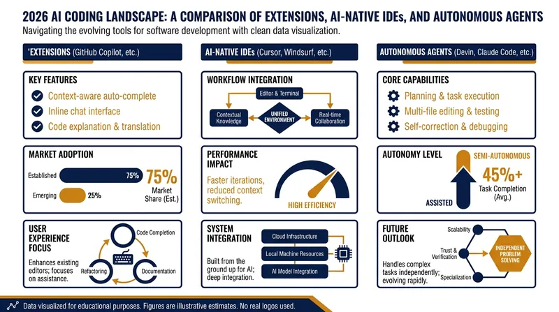 The three primary tiers of AI coding assistance available to developers today.