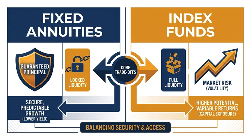 Fixed annuities shift market risk to the insurer, while index funds require the investor to manage volatility.