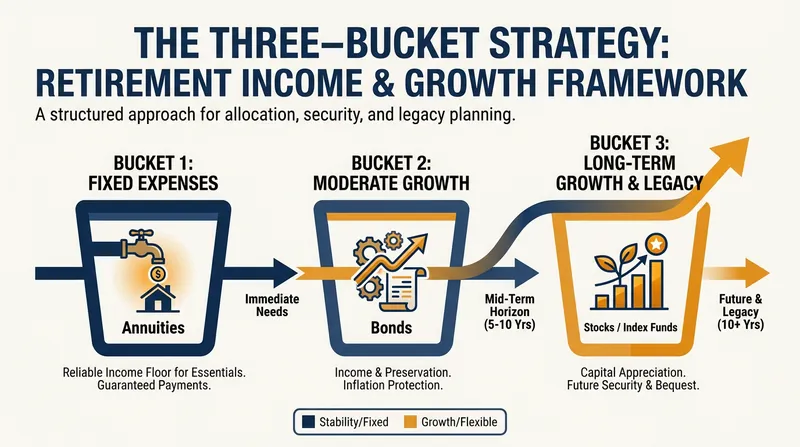 The three-bucket strategy uses annuities for baseline survival and stocks for lifestyle enhancement.