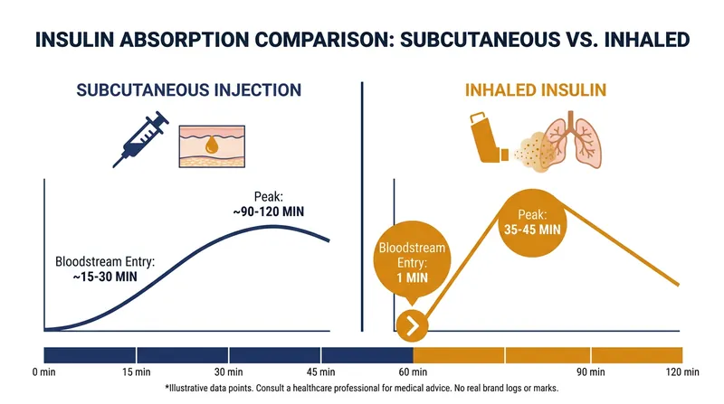 Inhaled insulin enters the bloodstream significantly faster than traditional subcutaneous injections.