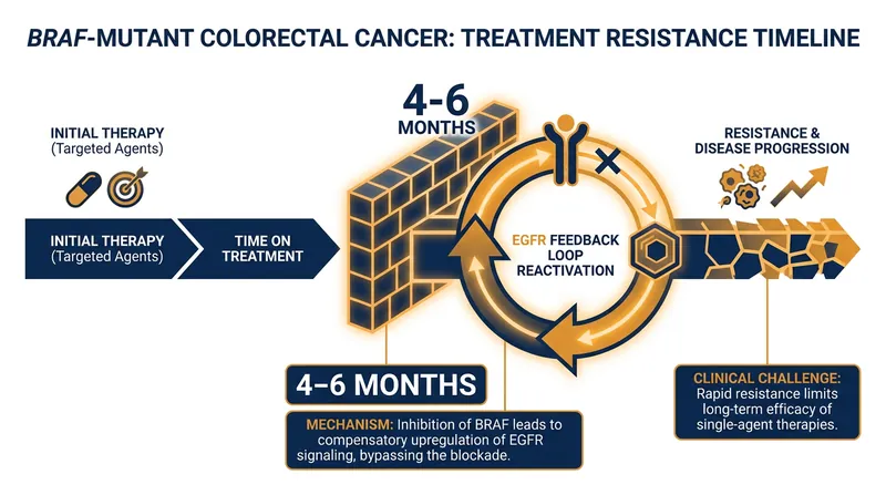 Current targeted therapies for BRAF-mutant colorectal cancer typically fail within four to six months due to rapid tumor adaptation.
