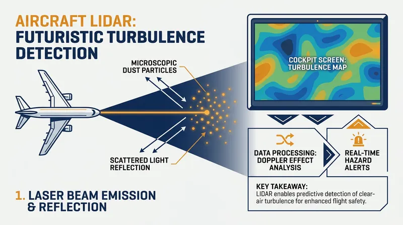 Forward-looking LIDAR uses the Doppler effect to measure the movement of microscopic dust particles, mapping the air up to 20 miles ahead.