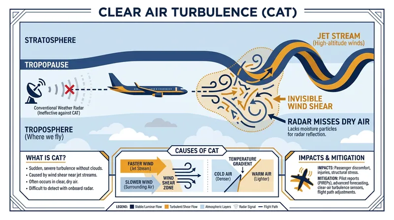 Unlike storm clouds, Clear Air Turbulence contains no water vapor, making it invisible to traditional weather radar.