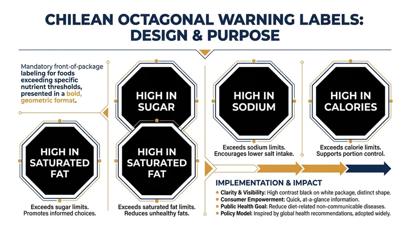 Chile's pioneering 2016 law mandated black octagonal warnings for products exceeding strict nutritional thresholds.
