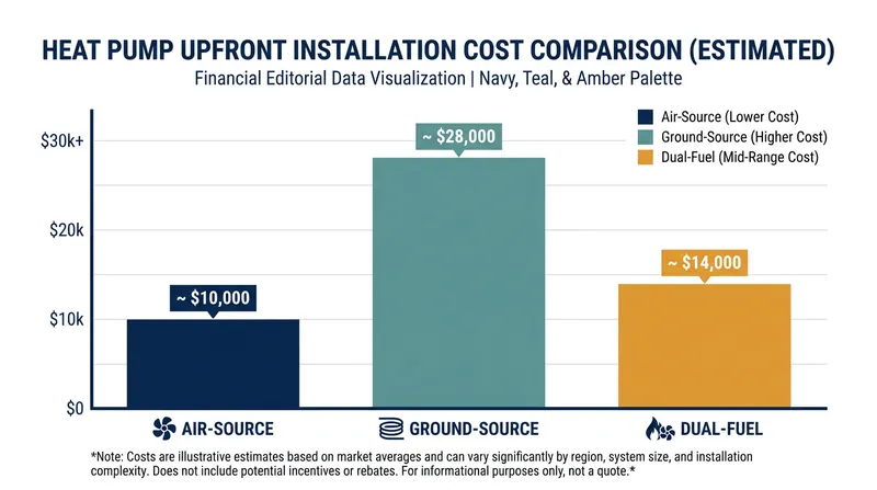 While ground-source systems offer the highest efficiency, their upfront excavation costs are significantly higher than air-source or dual-fuel alternatives.