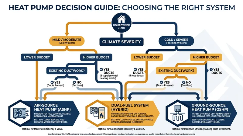 Choosing the right heat pump architecture depends heavily on your local climate, existing ductwork, and budget.