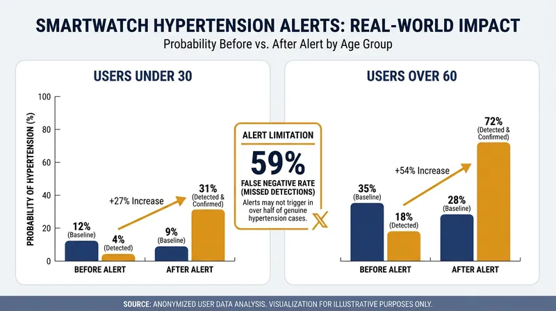 Smartwatch alerts significantly increase the probability of detecting hypertension, though false negatives remain high.