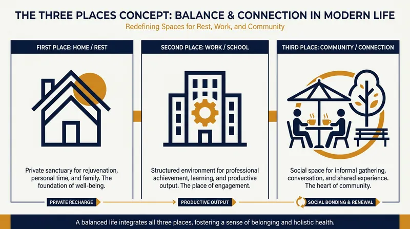 Sociologist Ray Oldenburg's framework divides human environments into three distinct spheres.