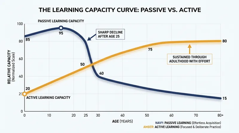 While passive plasticity declines in early adulthood, active plasticity remains accessible throughout the lifespan.