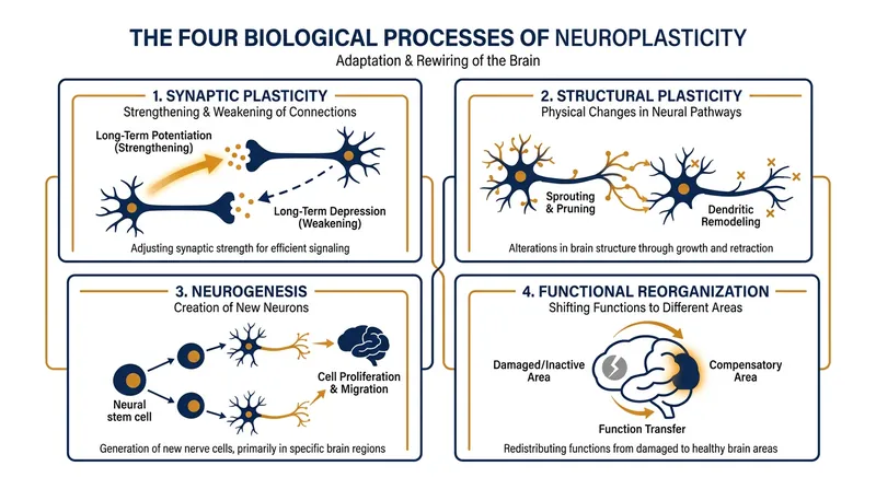 The four primary mechanisms through which the brain physically reorganizes itself in response to learning.