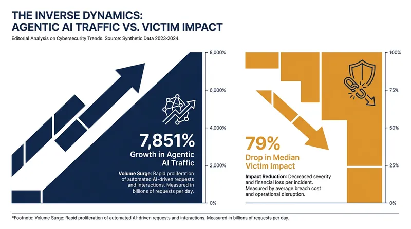 While the volume of automated attacks has surged, defensive AI has successfully driven down the median impact on victims.