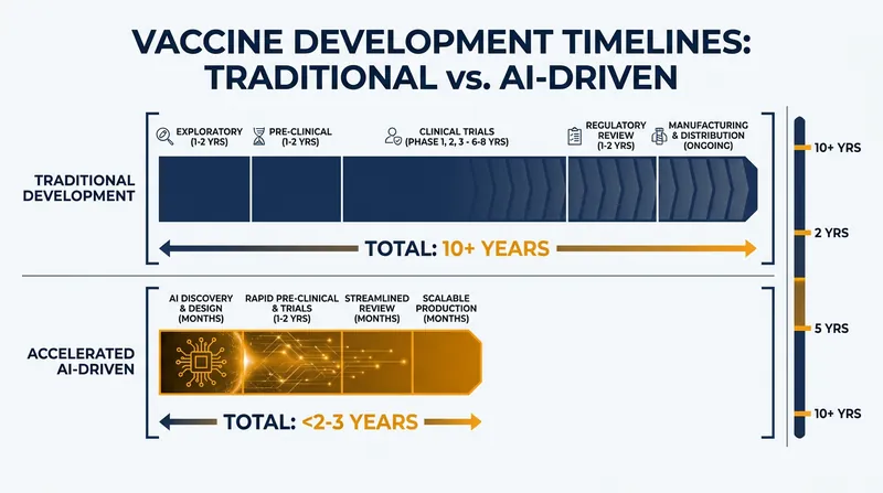 AI-driven generative biology dramatically compresses the timeline from pathogen sequencing to clinical trials.