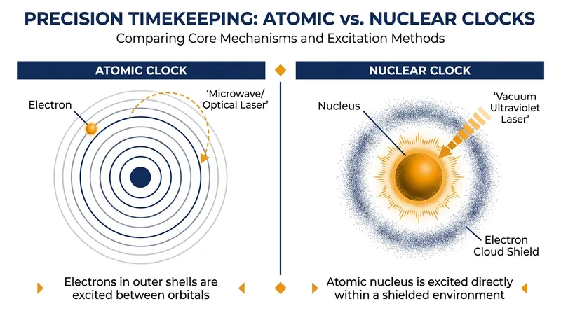Unlike atomic clocks that rely on exposed electrons, nuclear clocks utilize the atom's heavily shielded core.