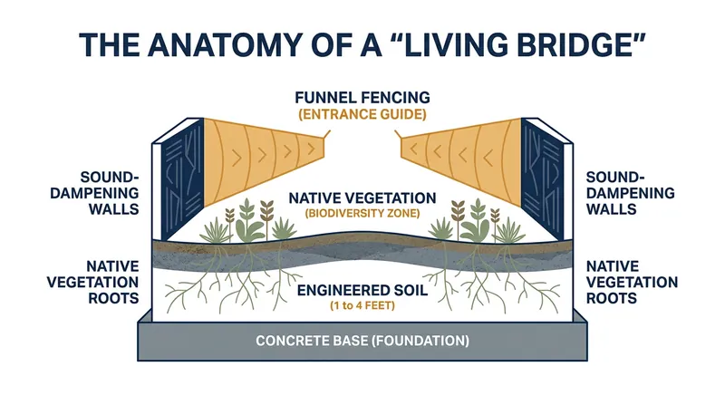 How it works: A living bridge uses deep soil, native plants, and sound walls to trick animals into thinking they are still in the forest.