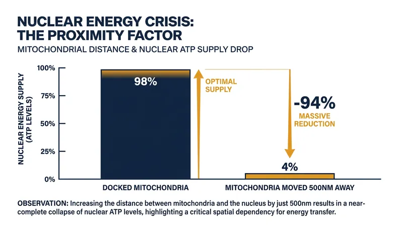 Moving mitochondria just 500 nanometers away from the nucleus almost completely halts the nuclear energy supply.
