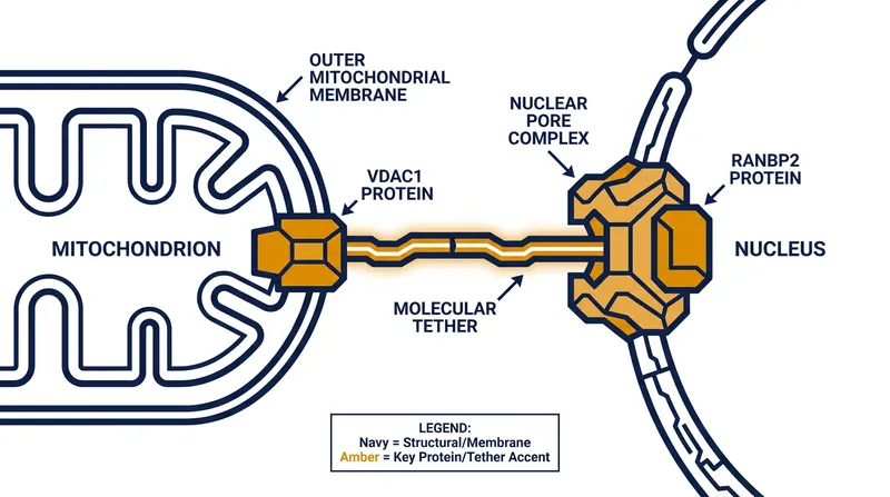 The physical connection is formed by the interaction between the VDAC1 and RANBP2 proteins.