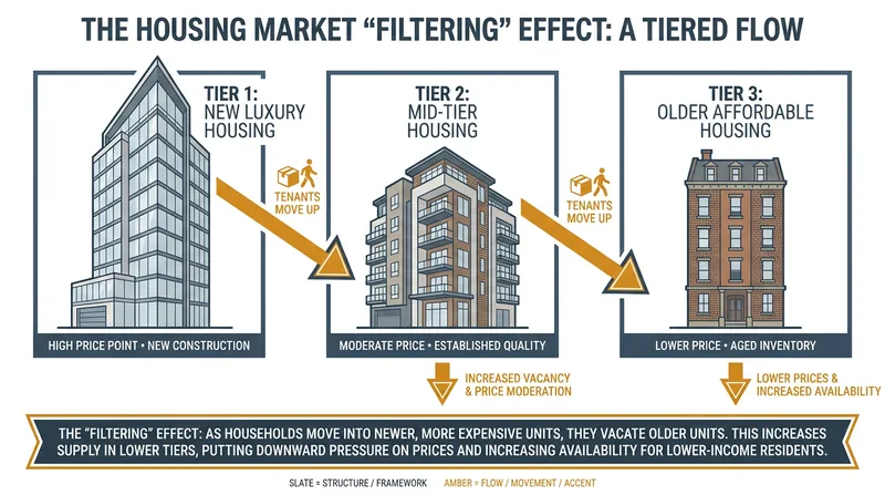The 'filtering' effect explains how building expensive new apartments reduces competition and lowers prices for older, lower-income units.