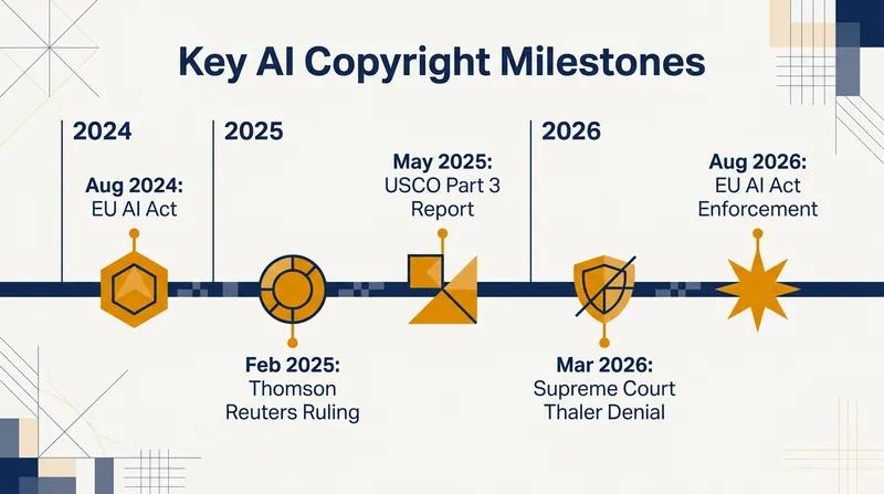 A timeline of major legal and regulatory decisions shaping AI copyright law through 2026.