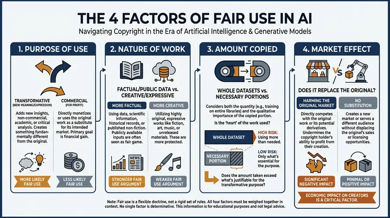 Courts are currently weighing these four factors to determine if AI training data ingestion constitutes fair use.