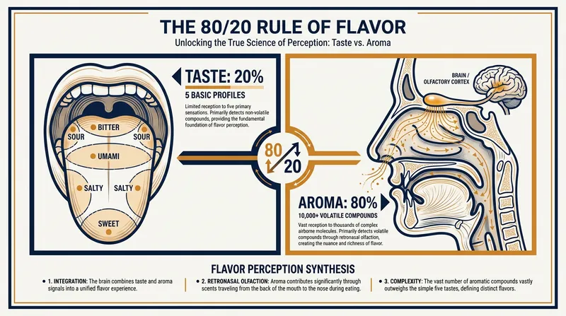 While the tongue detects basic tastes, the vast majority of flavor complexity is processed by olfactory receptors in the nose.