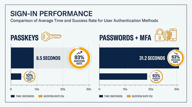 Data from Descope shows passkeys drastically reduce login times and increase success rates.