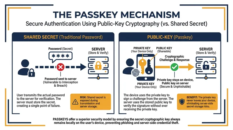 Unlike passwords, the private key used in a passkey authentication never leaves the user's device.
