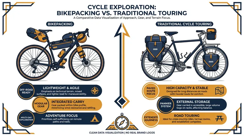Unlike traditional touring, bikepacking utilizes soft bags to maintain a narrow profile for off-road trails.