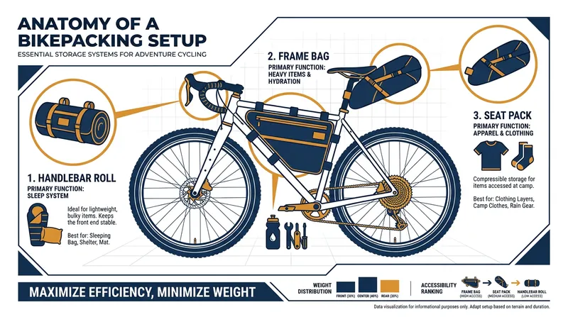 Strategic weight distribution is key to maintaining a bike's handling when fully loaded.