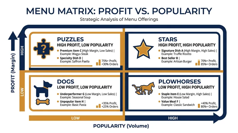 The Menu Matrix categorizes dishes to help restaurants optimize profitability.