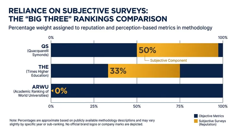 While QS and THE factor in human perception through massive global surveys, ARWU relies entirely on objective third-party data.