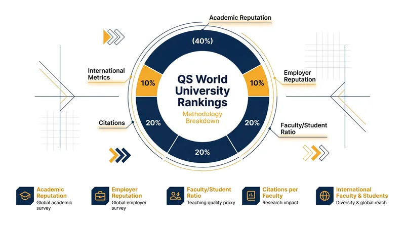 The QS methodology relies heavily on global reputation surveys alongside concrete academic metrics.