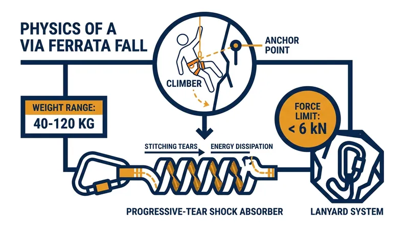 Because via ferrata falls generate extreme force, specialized shock absorbers are required to prevent severe injury.