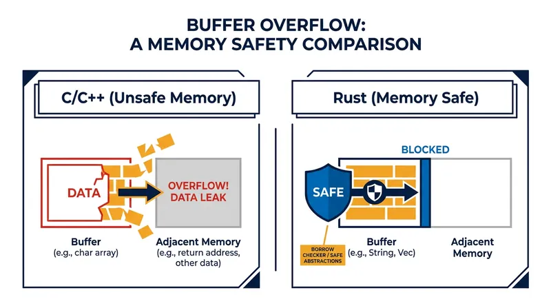How memory-safe languages prevent data from overwriting adjacent memory spaces.