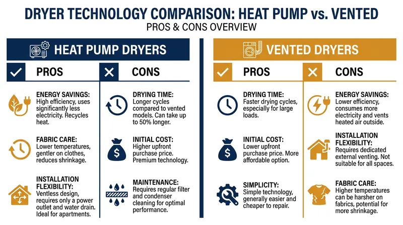 The primary trade-off: heat pump dryers save energy and protect clothes, but take longer to complete a cycle.
