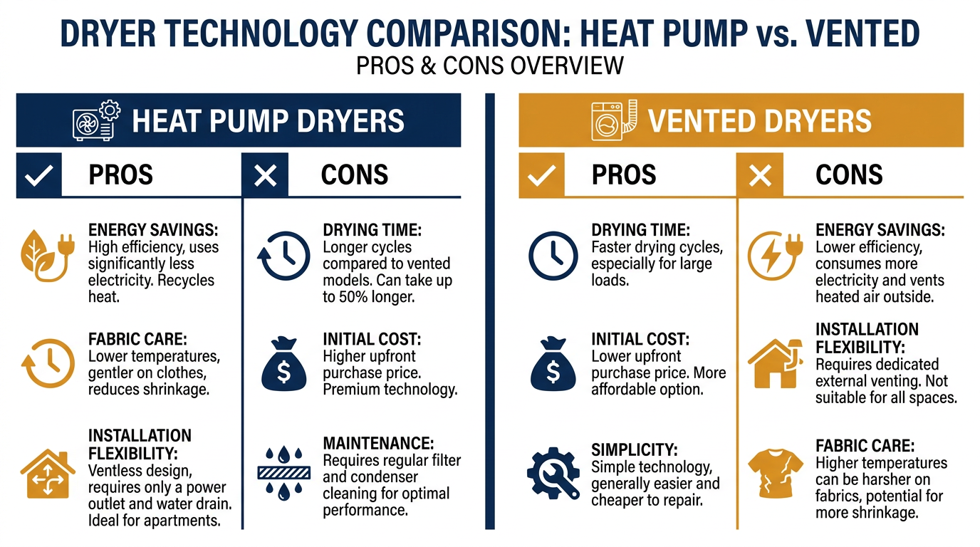 The primary trade-off: heat pump dryers save energy and protect clothes, but take longer to complete a cycle.
