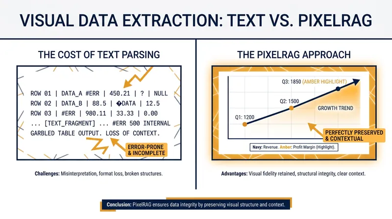 Traditional parsers destroy visual context, while pixel-native search preserves the original layout and typography.
