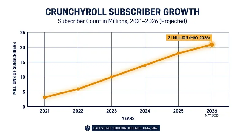 Crunchyroll's paid subscriber base surged to 21 million in 2026, cementing its position in Sony's entertainment portfolio.