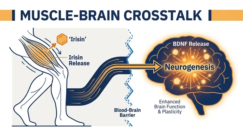 During exercise, contracting muscles release myokines like irisin, which cross the blood-brain barrier to stimulate neuron growth.