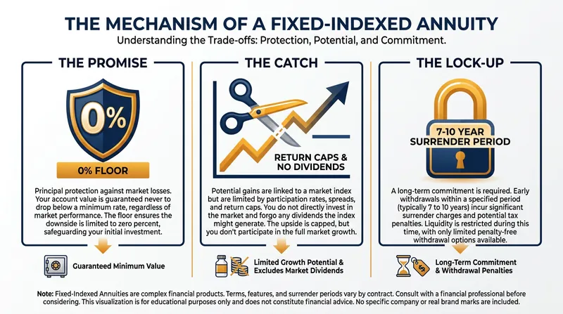 The trade-offs of indexed annuities: downside protection comes at the cost of capped gains and strict liquidity limits.