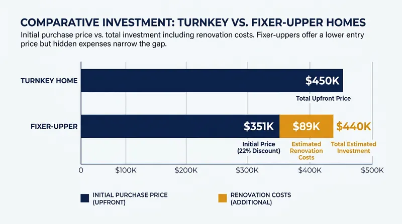 While fixer-uppers sell for an average 22% discount, renovation costs often close the total investment gap.