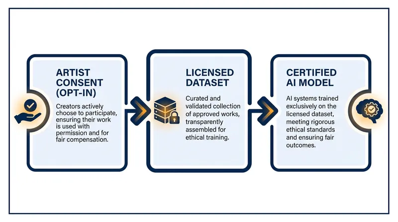 The ethical AI pipeline requires explicit opt-in consent and compensation before a model can be certified.