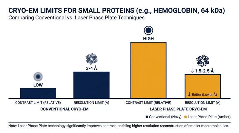 The laser phase plate provides the greatest relative advantage when imaging the smallest protein structures.