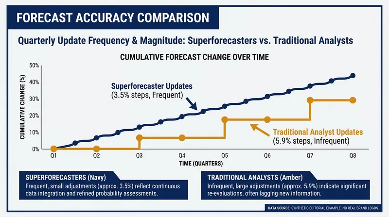 Superforecasters practice Bayesian updating, adjusting their predictions in small, frequent increments rather than making massive overhauls.