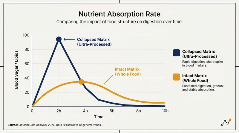 Whole foods act as a natural slow-release mechanism, preventing the rapid metabolic spikes caused by ultra-processed foods.