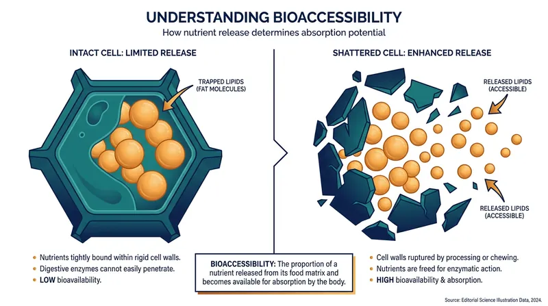 Intact cell walls trap nutrients, while mechanical processing shatters these barriers, making calories fully bioaccessible.