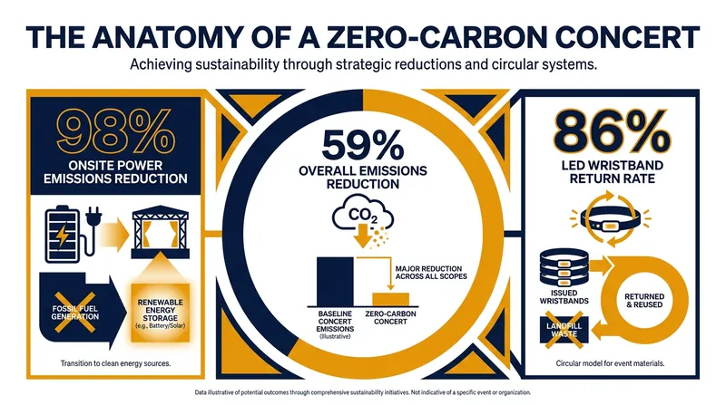 Verified data shows that modern touring technologies can slash emissions across power, logistics, and merchandise.