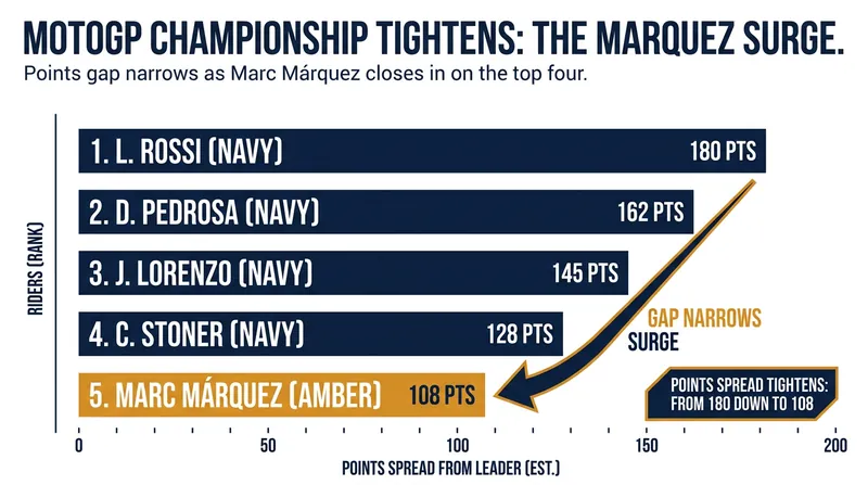 The championship gap is closing rapidly as the chasing pack capitalizes on Aprilia's unforced errors.
