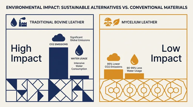 Mycelium leather offers drastic reductions in both water consumption and greenhouse gas emissions compared to traditional agriculture.