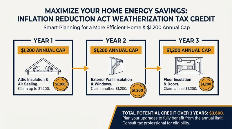The $1,200 annual cap on federal weatherization tax credits incentivizes homeowners to spread insulation projects over multiple years.