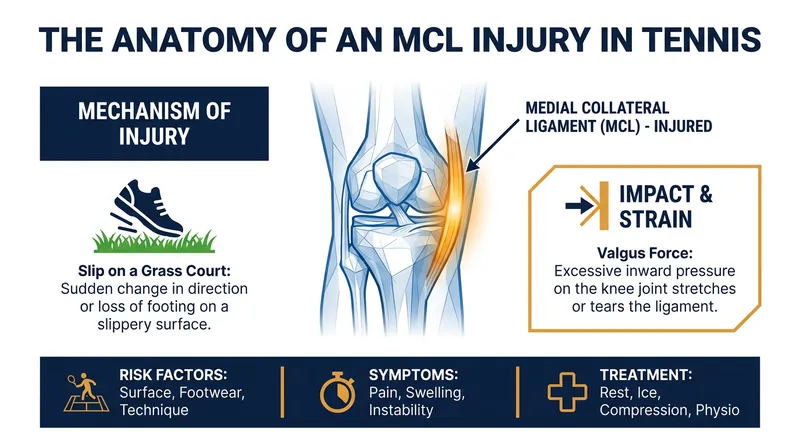 An MCL injury often occurs when the knee is forced inward during a sudden change of direction on a low-friction surface like grass.